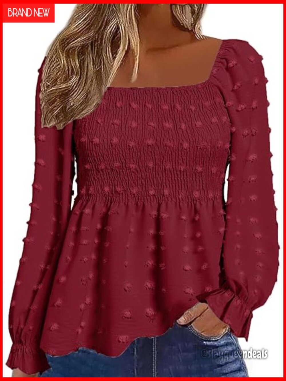 Long Sleeve Peplum Blouse Square Neck Ruffle Smocked Babydoll Top